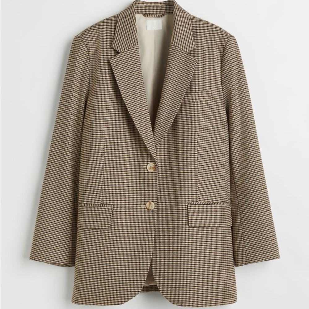 H&M Single Breasted Beige Dogtooth Patterned Blazer